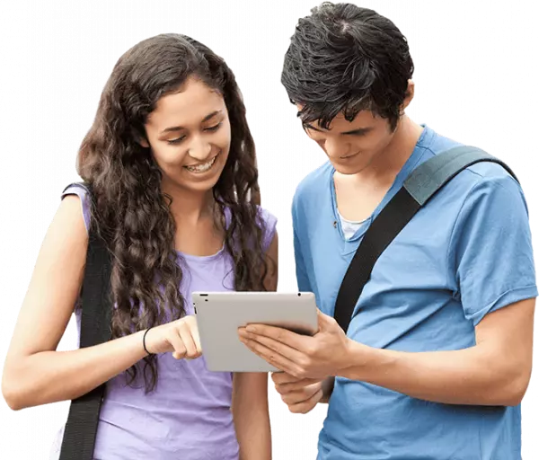 college students men and women looking at tablet