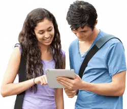 college students men and women looking at tablet