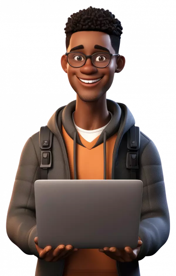 boy or student with laptop smiles and posing for photo