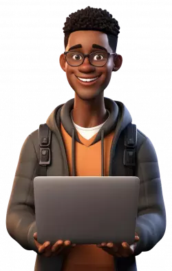 boy or student with laptop smiles and posing for photo