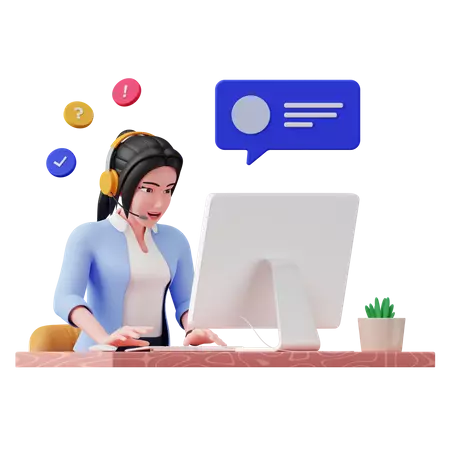 customer support girl infront of laptop calling customer