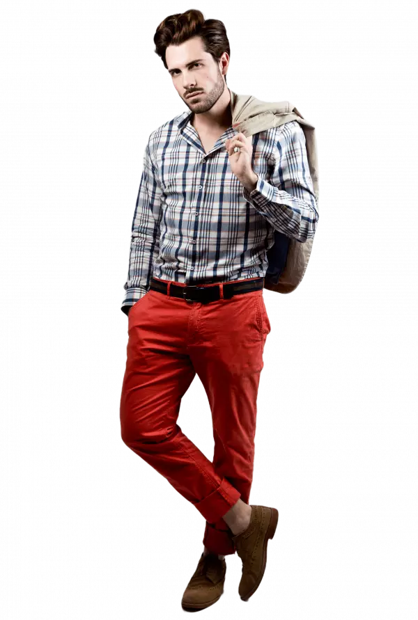 men wearing check shirt and red jeans