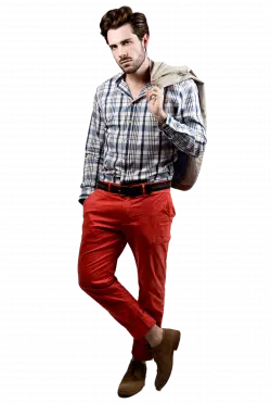 men wearing check shirt and red jeans