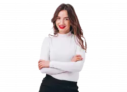 red hair women smiling and posing wearing white tshirt