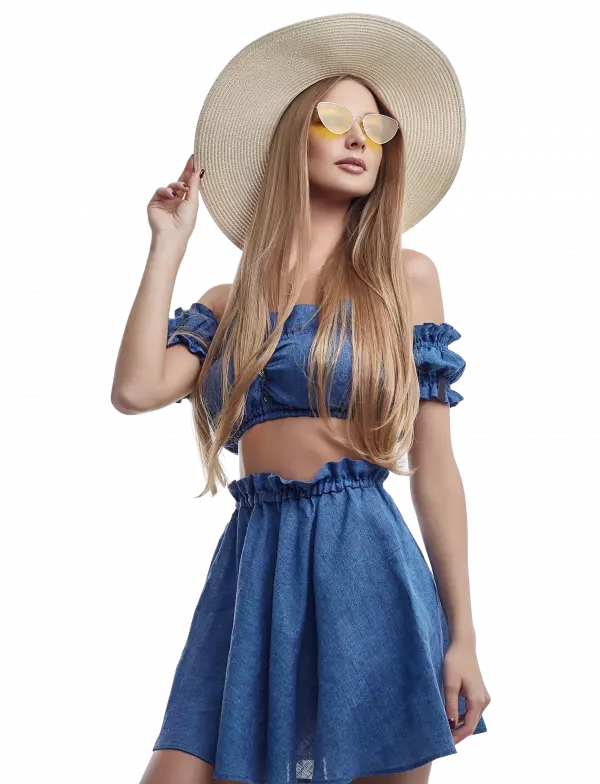 women wearing blue custume wear cap and pose