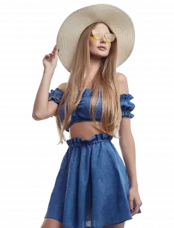 women wearing blue custume wear cap and pose