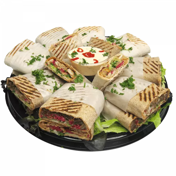 Burritos shawarma rolls black tray, Shawarma pita kebab mediterranean cuisine falafel