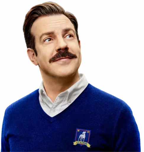 moustache men wearing blue dress, men with golden hair, ted lasso