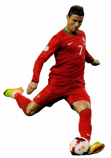 ronaldo playing football hits ball wearing red jersey