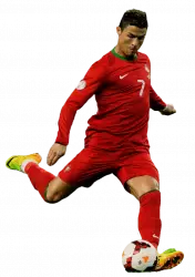 ronaldo playing football hits ball wearing red jersey