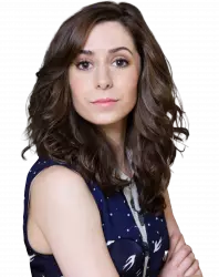 tracy woman golden hair wearing blue dress