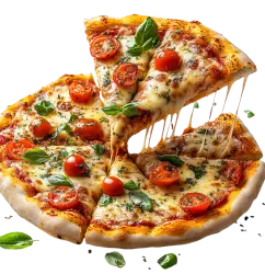 Cheesy pizza slice with tomatoes and basil isolated on transparent background