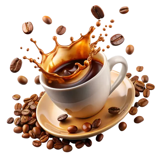 Hot coffee splash in cup with roasted coffee beans isolated on transparent background