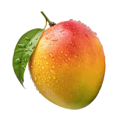 Ripe mango with water droplets and green leaf isolated on transparent background