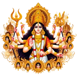 Hindu Goddess Durga with multiple arms and golden ornaments isolated on transparent background