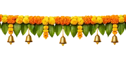 Marigold flower garland toran with green leaves and hanging bells isolated on transparent background
