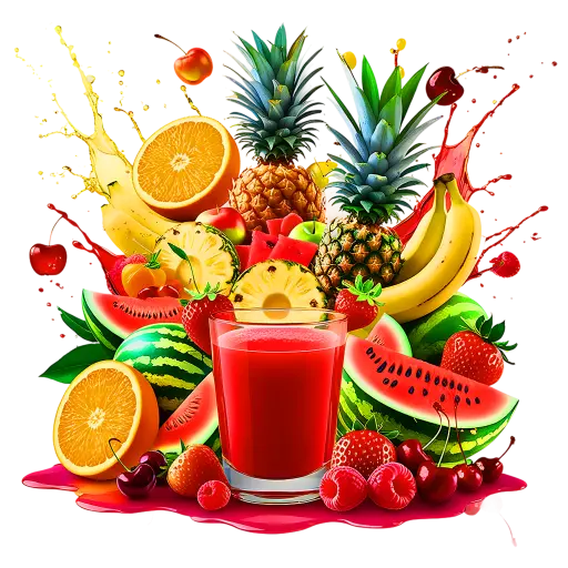 Glass of red fruit juice with pineapple, watermelon, orange, banana and berries isolated on transparent background