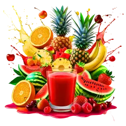 Glass of red fruit juice with pineapple, watermelon, orange, banana and berries isolated on transparent background