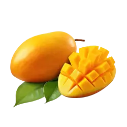 Sliced ripe mango with cubes and green leaves isolated on transparent background
