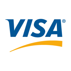 Visa payment logo in blue with yellow swoosh on transparent background