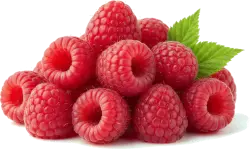 Fresh red raspberries with green leaves isolated on transparent background