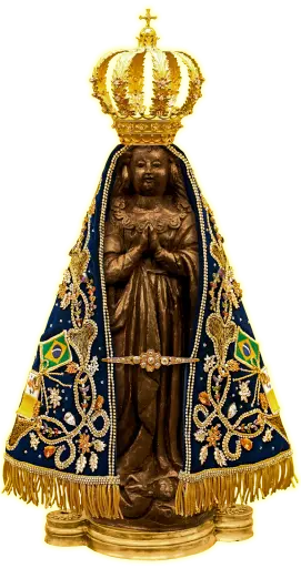 Religious statue of Madonna wearing a golden crown isolated on transparent background