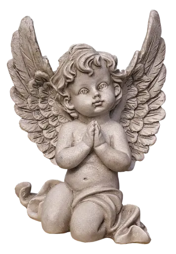 Praying cherub angel statue with wings isolated on transparent background